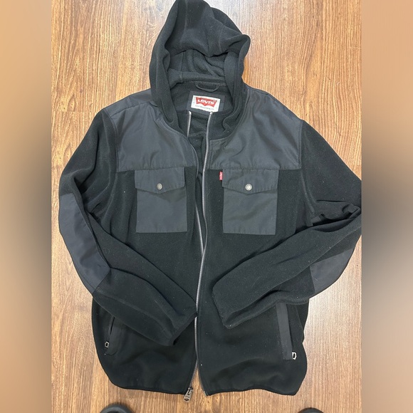 Levi's Strauss BLACK CHARCOAL Men's Hooded Fleece Jacket Size Large - Picture 1 of 8